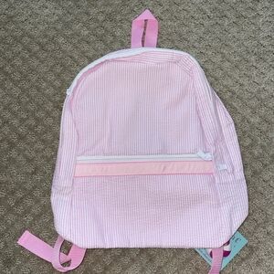NWT Oh Mint Pink Seersucker Backpack W/ Pink Trim Straps Zipper Close Ext Pocket